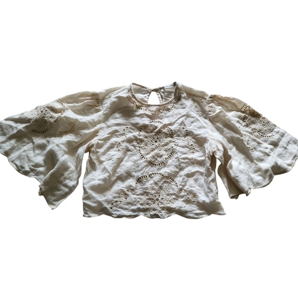 Abercrombie & Fitch Blouse Womens XS Beige Boho Embroidered Peasant Crop Top